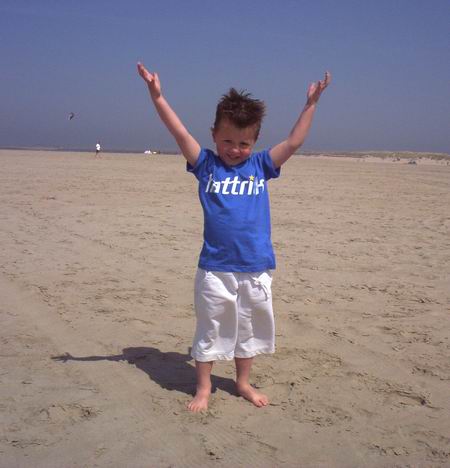 Waalibi's son Jamie on the North Sea Beach in Zeeland, Holland.