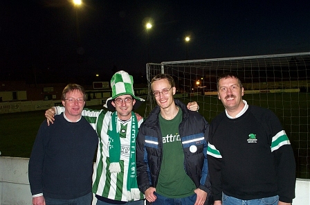 Greven and three other Bromsgrove supporters, Victoria Ground in Bromsgrove, England.