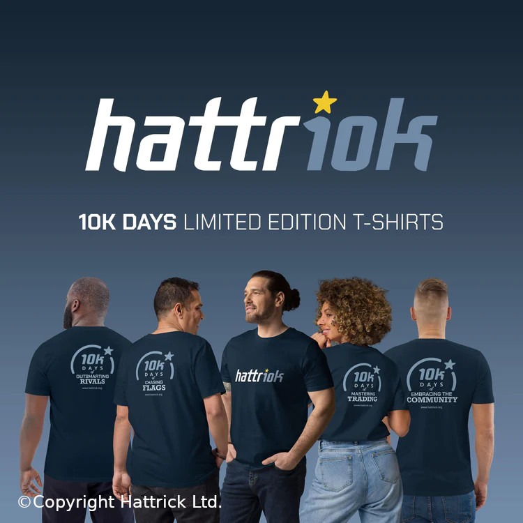 The Hattr10k 10'000 Days Limited Anniversary T-Shirts, available for a short time in early 2025. Hattrick turned 10'000 days old on January 15th 2025.  